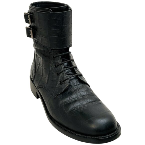 Saint Laurent Black Embossed Leather Ankle Buckle Lace Up Boots - Picture 1 of 6